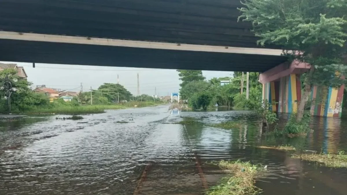 Kondisi rel di petak antara Stasiun Semarang Tawang hingga Stasiun Alastua, Jumat, yang masihj terendam banjir . Foto: Antara