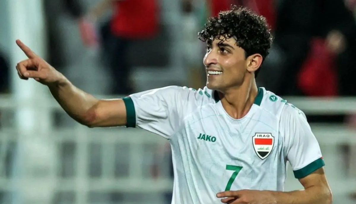 Ali Jasim penyerang Irak merayakan setelah mencetak gol kedua timnya pada pertandingan perebutan tempat ketiga Piala Asia U23 AFC Qatar 2024 antara Irak dan Indonesia di Stadion Abdullah Bin Khalifa di Doha pada Kamis (2/5/2024). Foto: AFP
