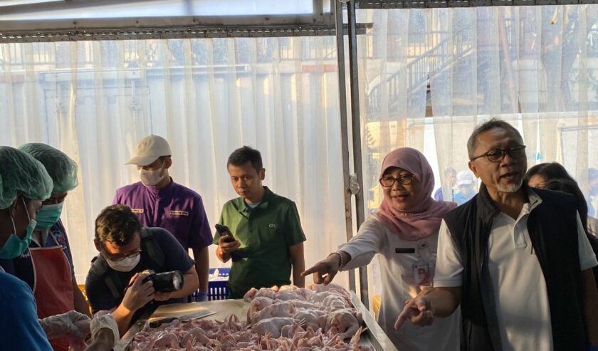 Zulkifli Hasan Menteri Perdagangan (paling kanan) saat meninjau rumah potong unggas di Kawasan Industri Pulogadung Rumah Potong Unggah (RPU) Rawa Kepiting, Jakarta, Sabtu (4/5/2024). Foto: Antara