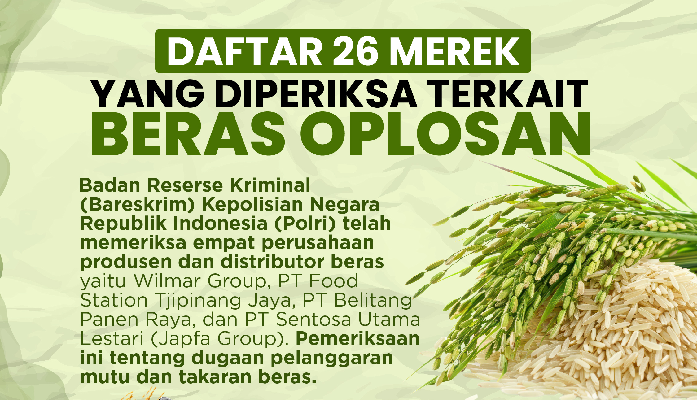 Daftar 26 Merek yang Diperiksa Terkait Beras Oplosan
